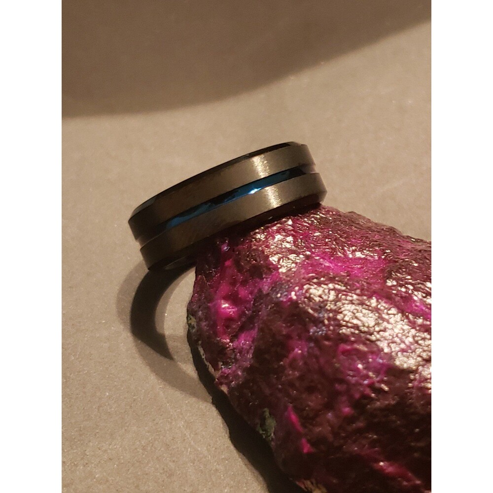 Black Tungsten Carbide With Thin Blue Inlay Wedding Band Ring Men's Size 10